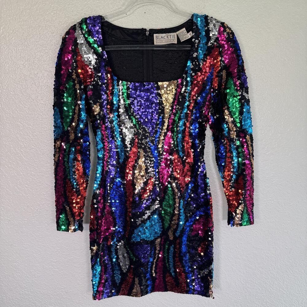Vintage Oleg Cassini Black Tie Dress Womens 4 Sequin Bodycon Mini Party Cocktail